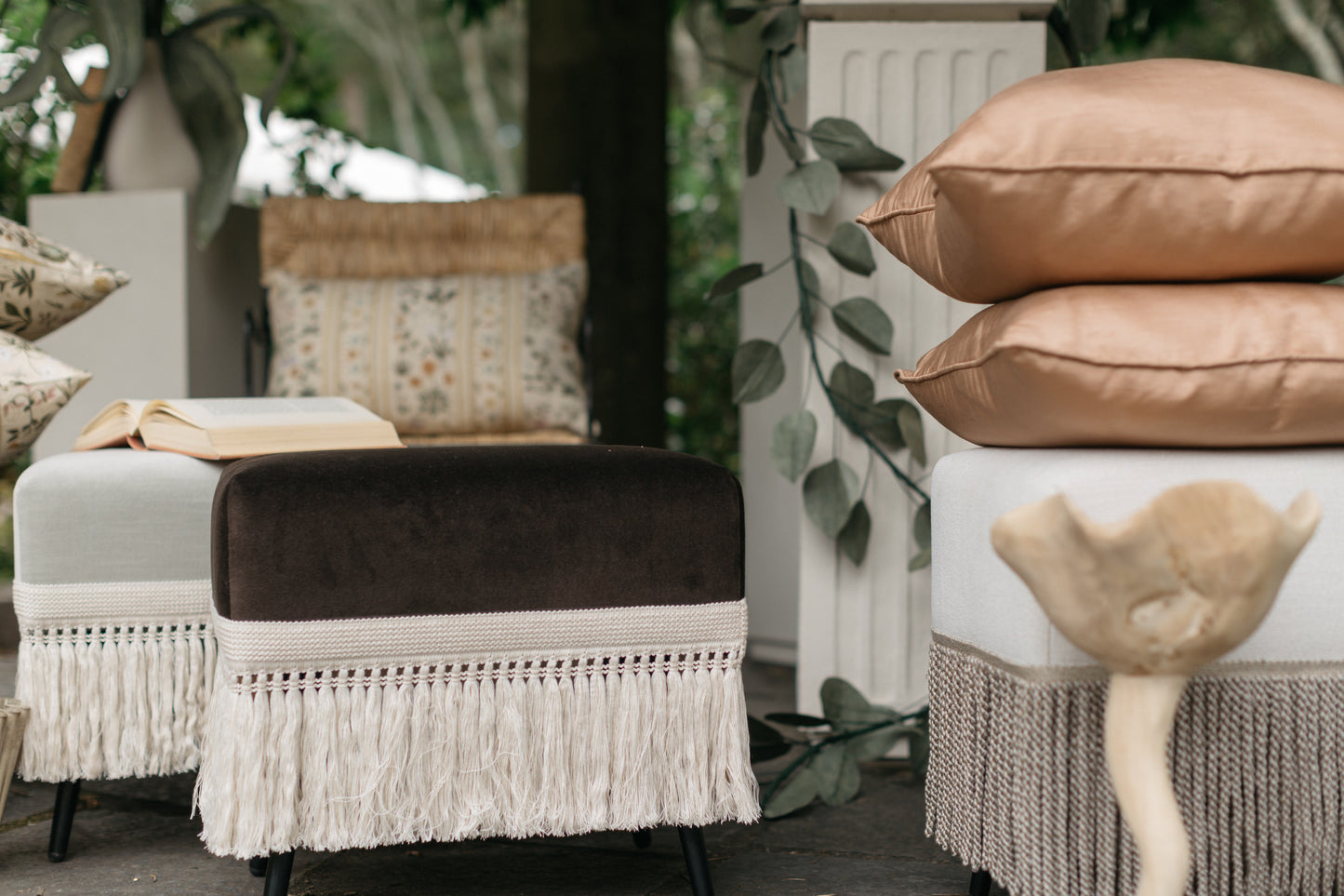 Marrone Stool styled in outdoor terrace with complementary pieces – Page House Studio
