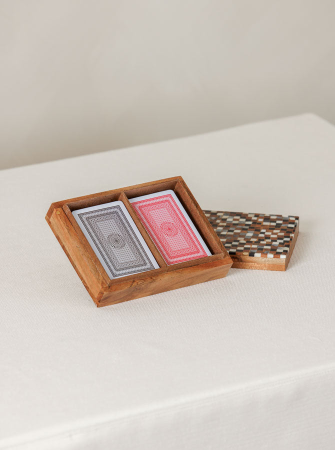 Open decorative playing card holder showing mosaic bone and resin pattern – Page House Studio
