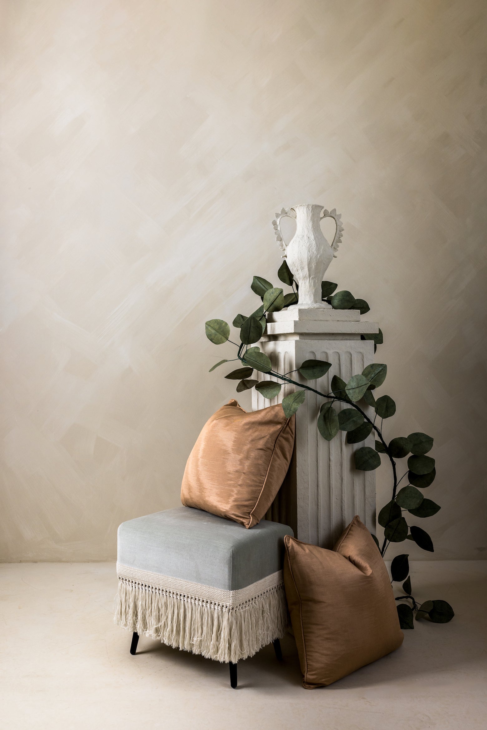  Moire Pillows paired with Elisabetta Pedestal & Vessel and Verdigris Stool – Indoor – Page House Studio