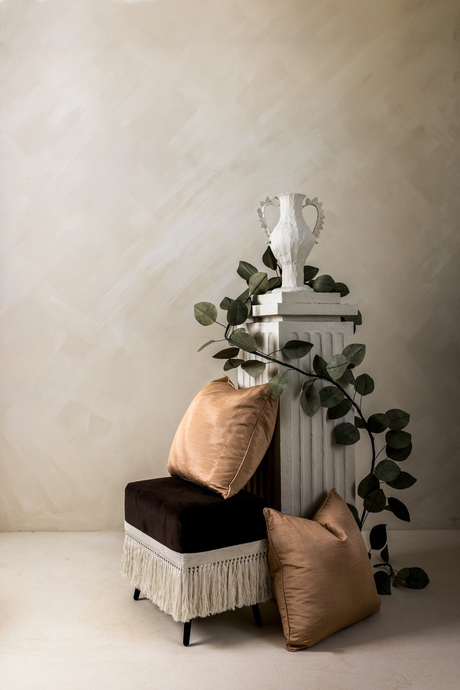 Marrone Stool with Moire Pillows in deep Tuscany tone – Page House Studio