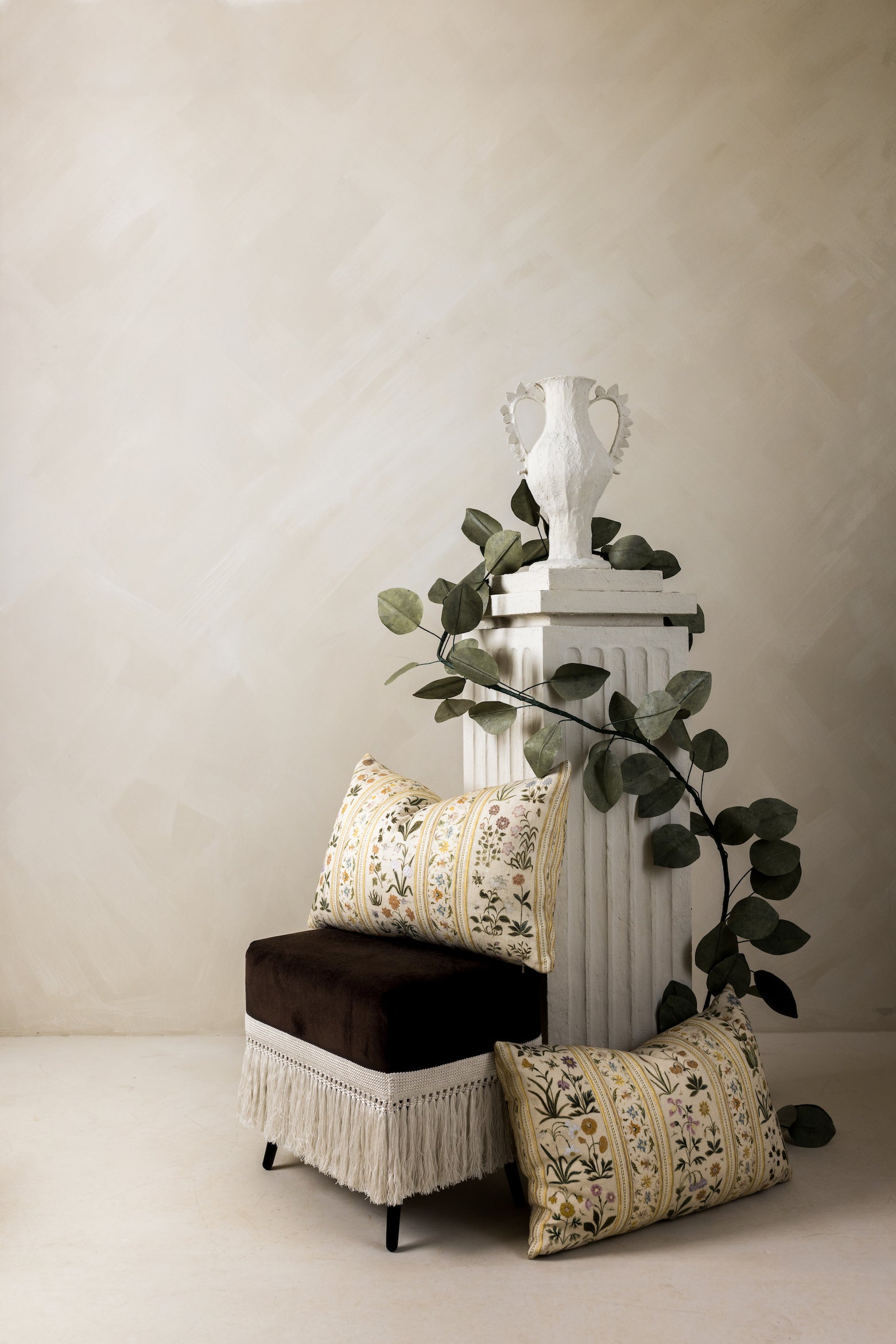 Marrone Stool styled with Botanico Lumbar Pillows indoor setting – Page House Studio