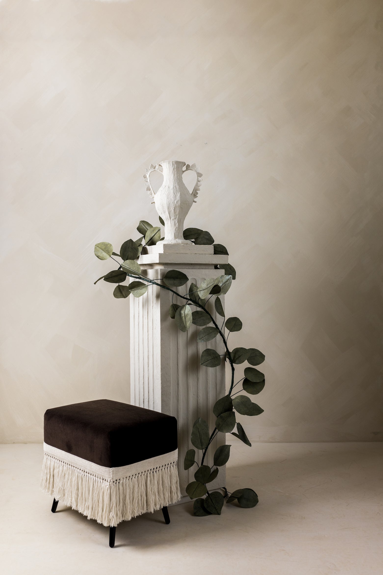 Marrone Stool with Elisabetta Pedestal & Vessel in neutral indoor setting – Page House Studio