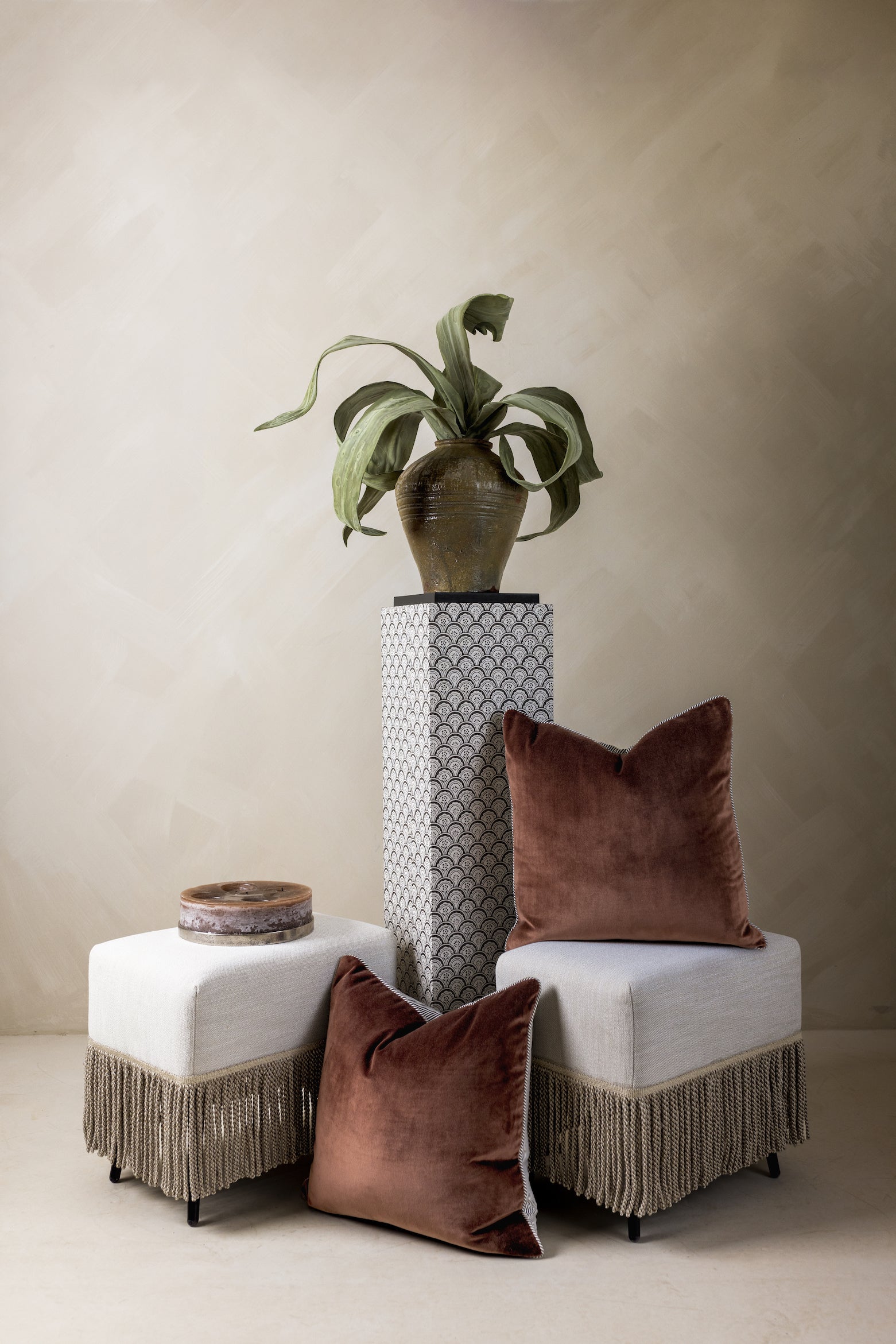 The Icon Set detail view with Duo pillows and faux aloe – Page House Studio