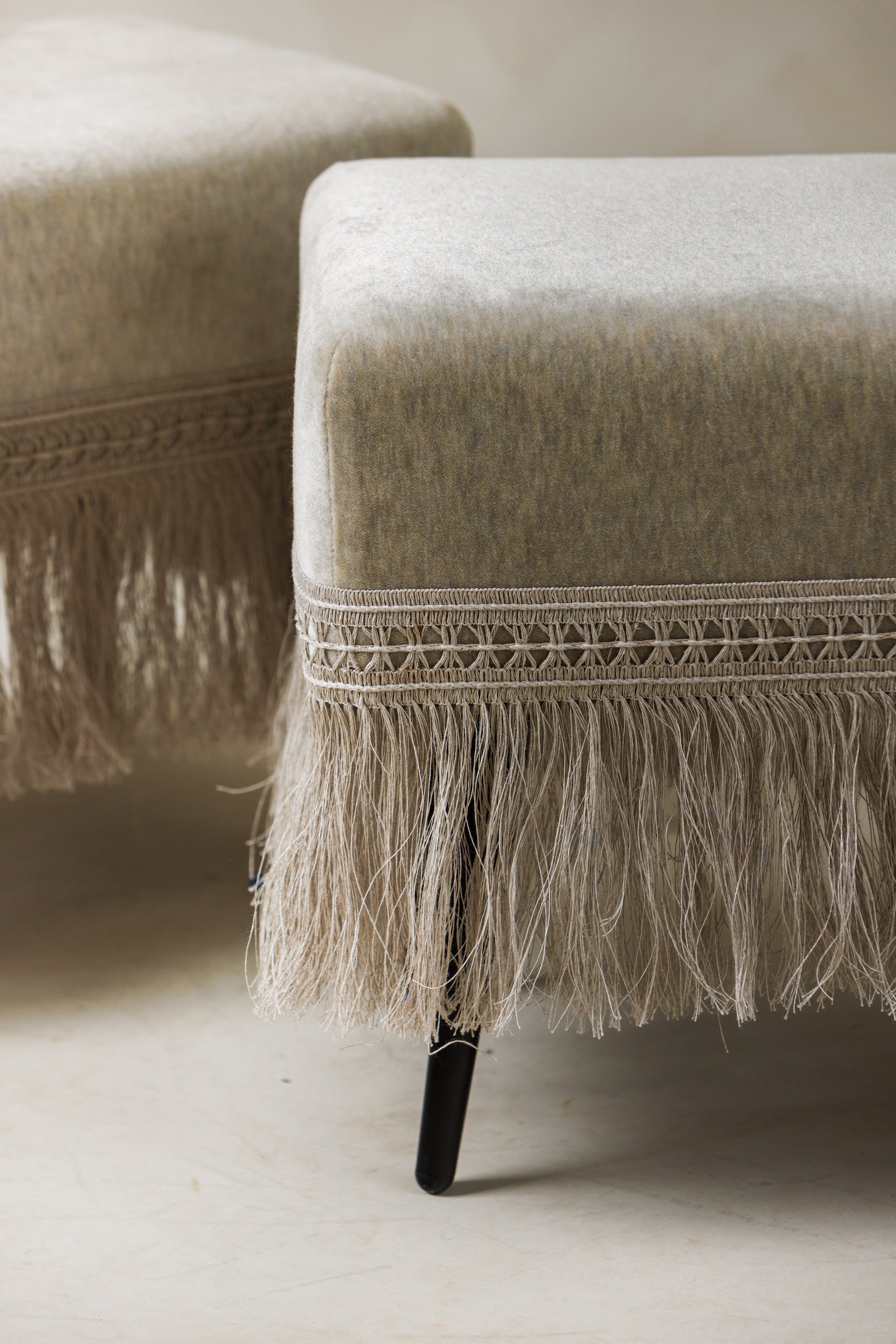 Close-up of velvet stool with hula trim – The Artiste Set – Page House Studio