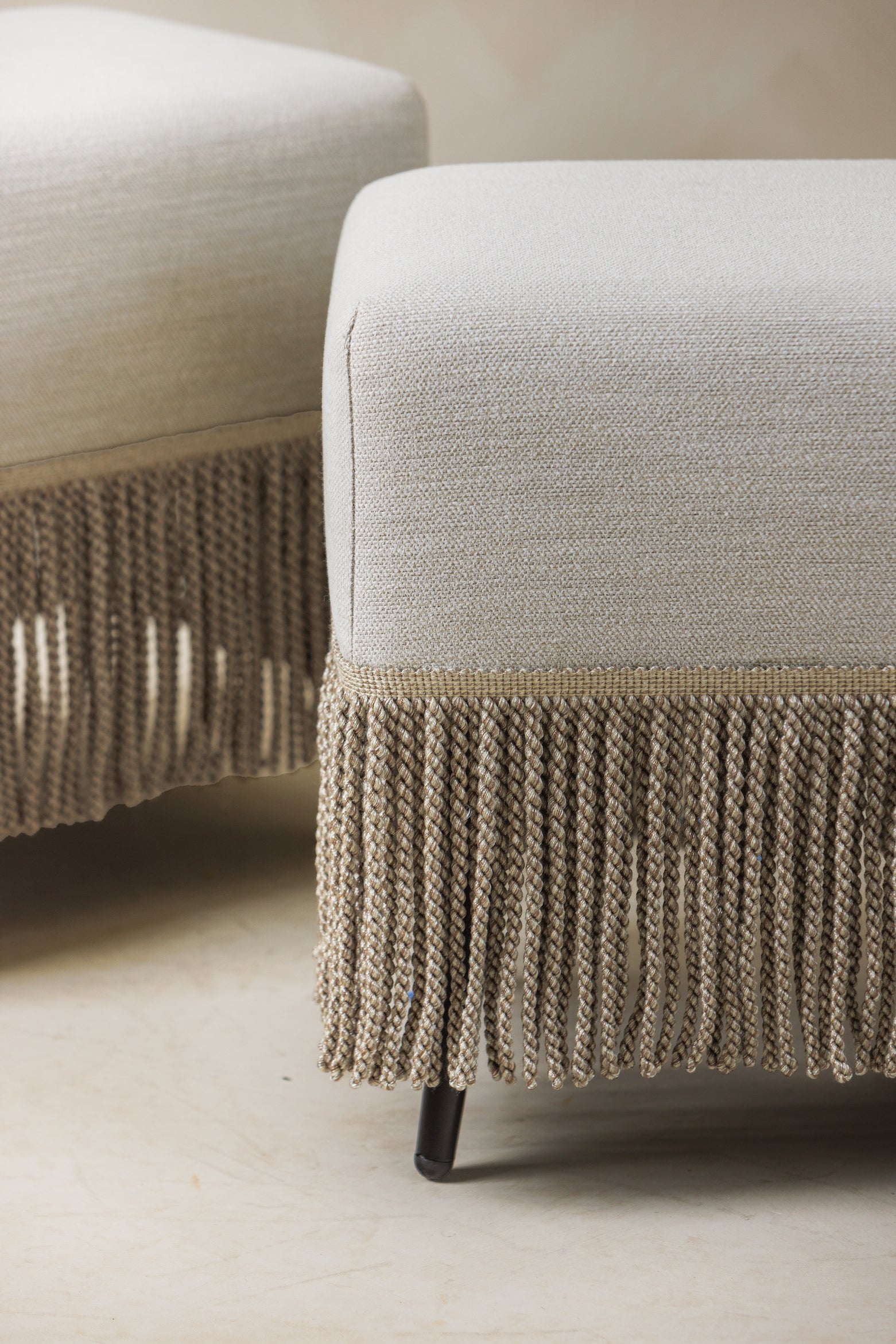 Close-up of textured Sofia stools with bullion fringe – The Icon Set – Page House Studio