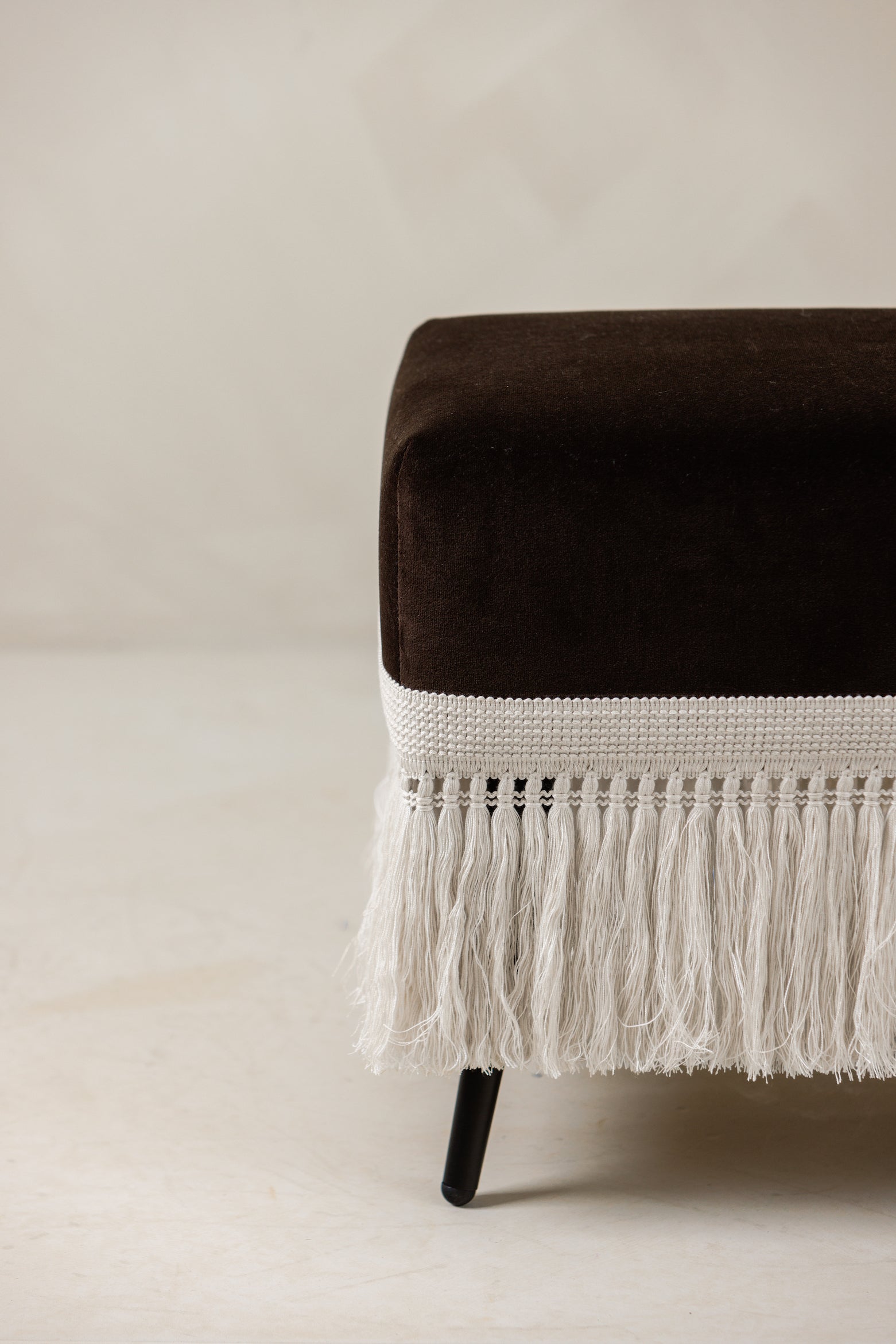 Close-up side view of Marrone Stool in deep brown velvet – Page House Studio