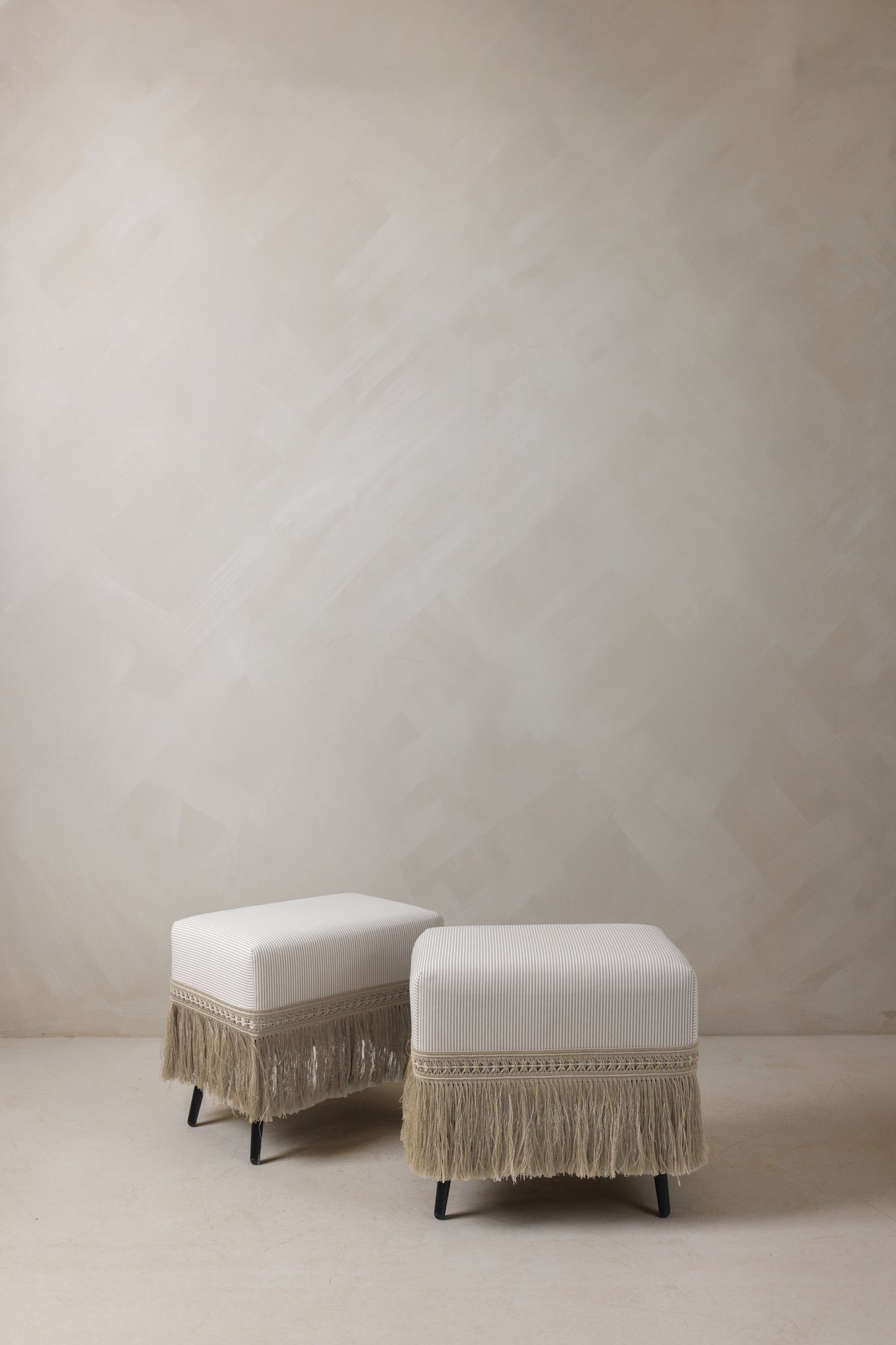 Hutton stools with pinstripe upholstery and raffia trim – Page House Studio