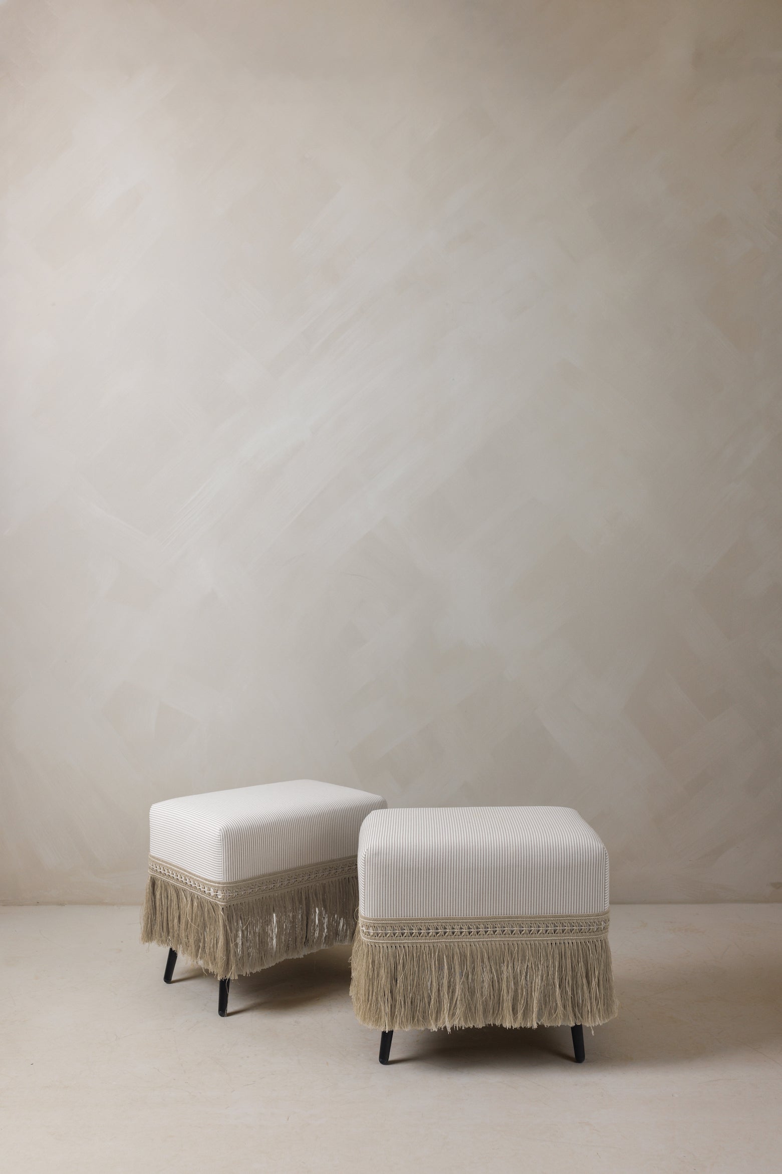 Hutton stools with pinstripe upholstery and raffia trim – Page House Studio