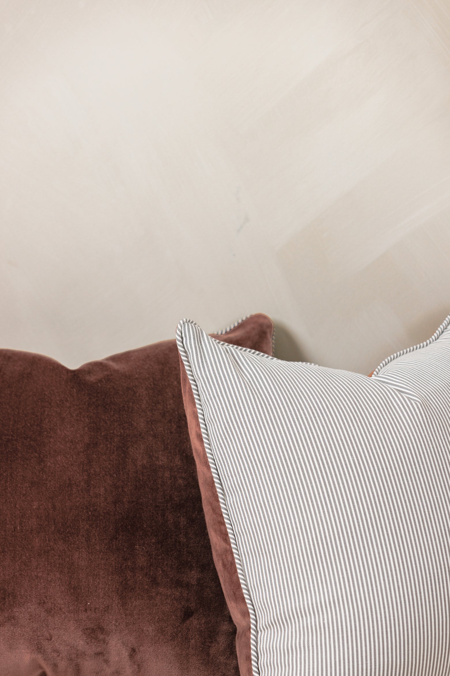 Close-up of Duo pillows with textured fabric and trim – The Icon Set – Page House Studio