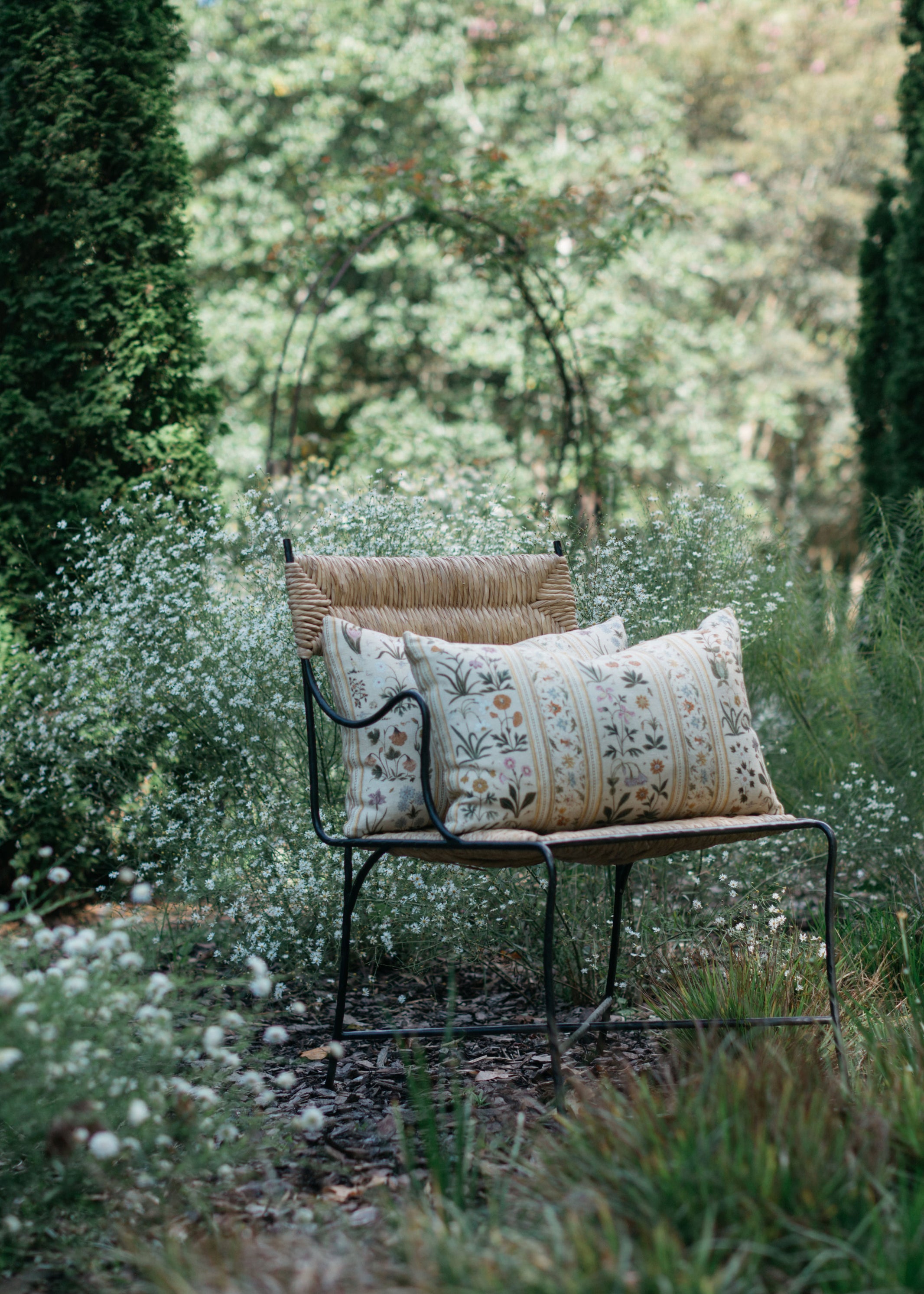 Two Botanico lumbar pillows styled on outdoor chair – garden setting – Page House Studio