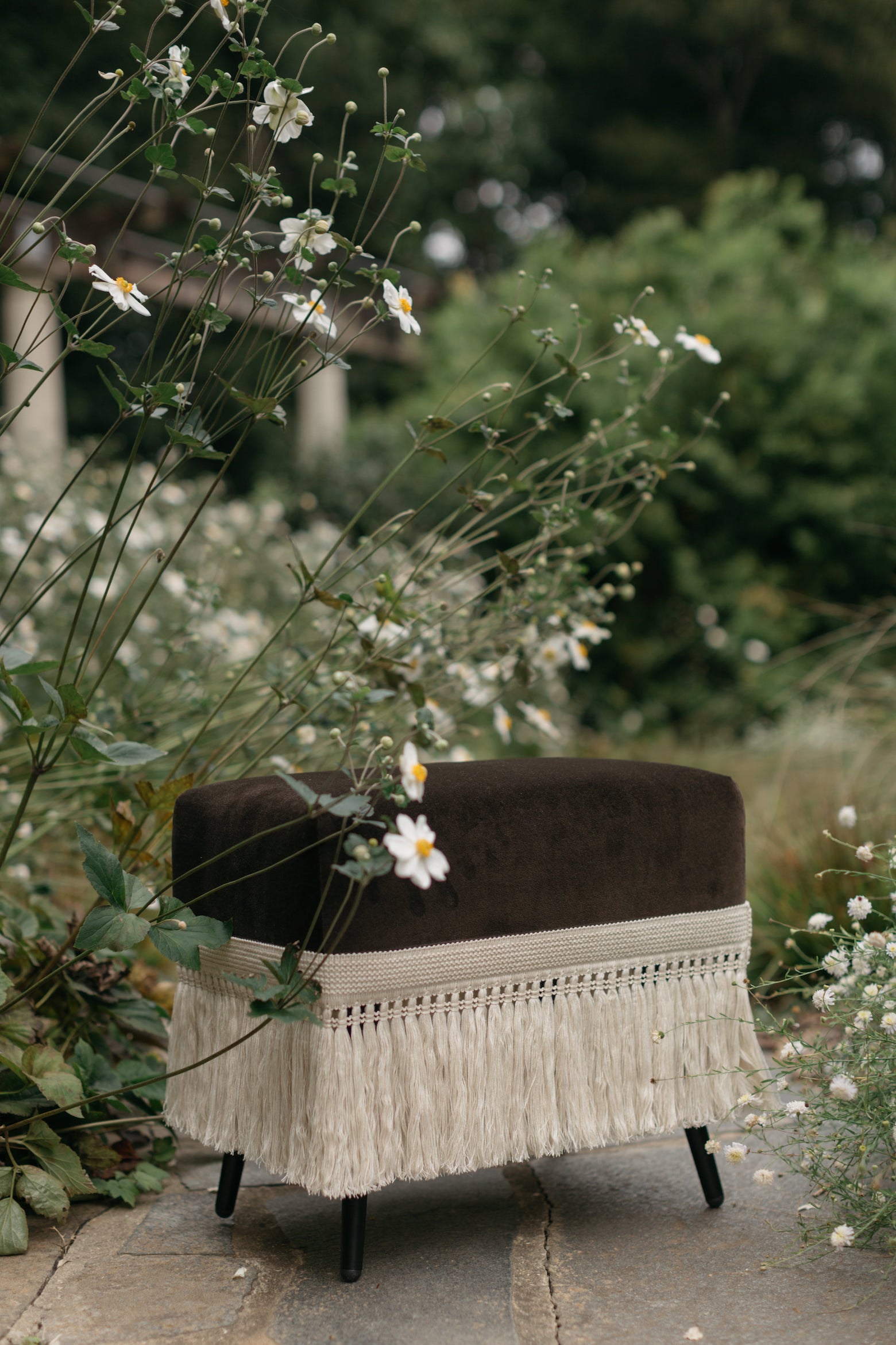 Marrone Stool styled in garden terrace setup – Page House Studio