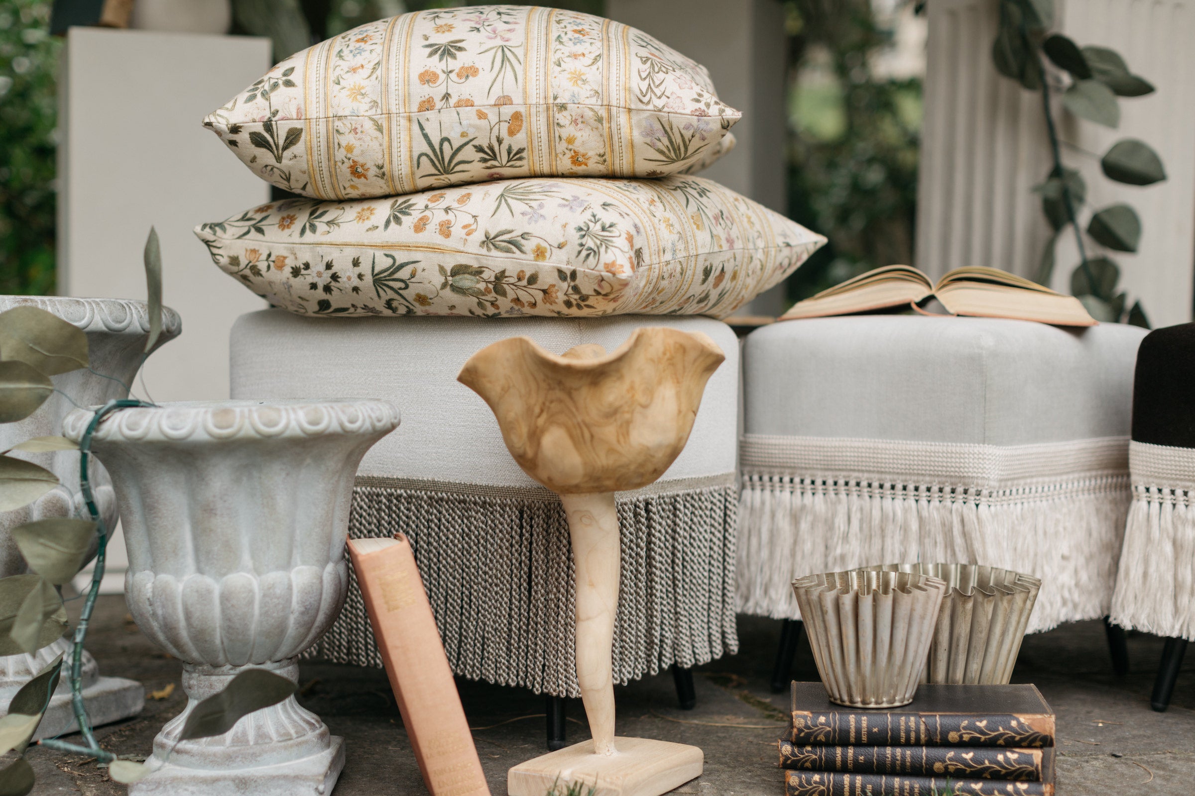 Elegant throw pillows with alternating floral stripe design – Botanico Collection – Page House Studio